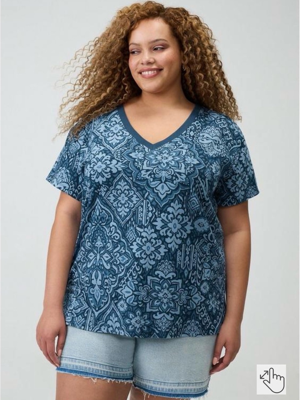 torrid 1X Blue Floral Geometric V-Neck Short Sleeve Top